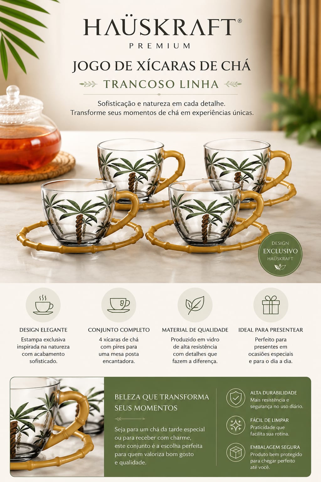 XICARA DE CHÁ TRANCOSO LINHA SERVIR 04 PEÇAS 225ML - JGCH-092CL
